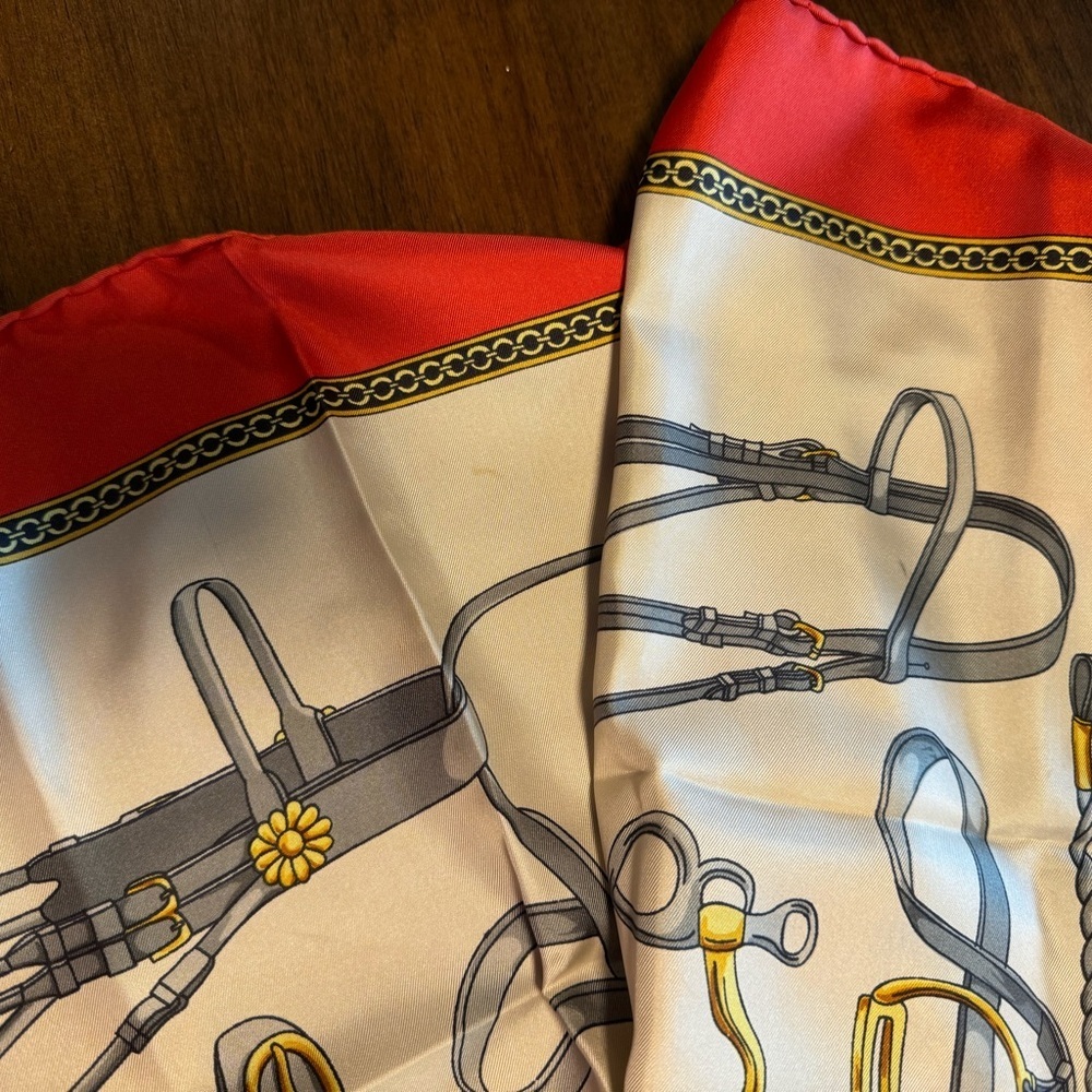Celine Vintage 100% Silk Scarf Red Cream Gold - Picture 6 of 9